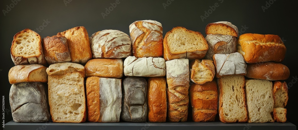 Poster stale bread assortment displayed horizontally on a dark background showcasing rustic textures and wa