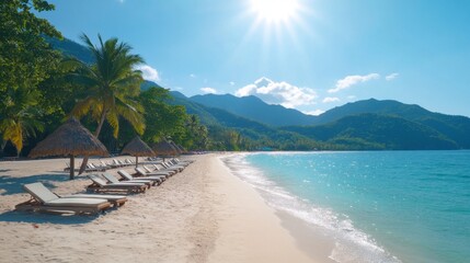 Tropical beach paradise sun loungers on white sand, turquoise water, palm trees, mountain backdrop, idyllic vacation scene