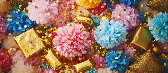 Colorful top view of a festive birthday party background featuring pink and blue pom poms, golden presents, and vibrant confetti scattered throughout