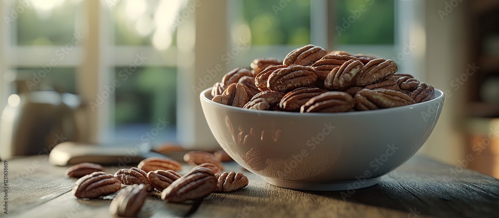 Poster a bowl of pecan nuts on a wooden table with additional scattered nuts creating a warm and inviting s