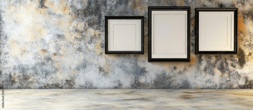Poster modern empty picture frames arranged on a textured grey wall with a rustic finish, enhancing home am