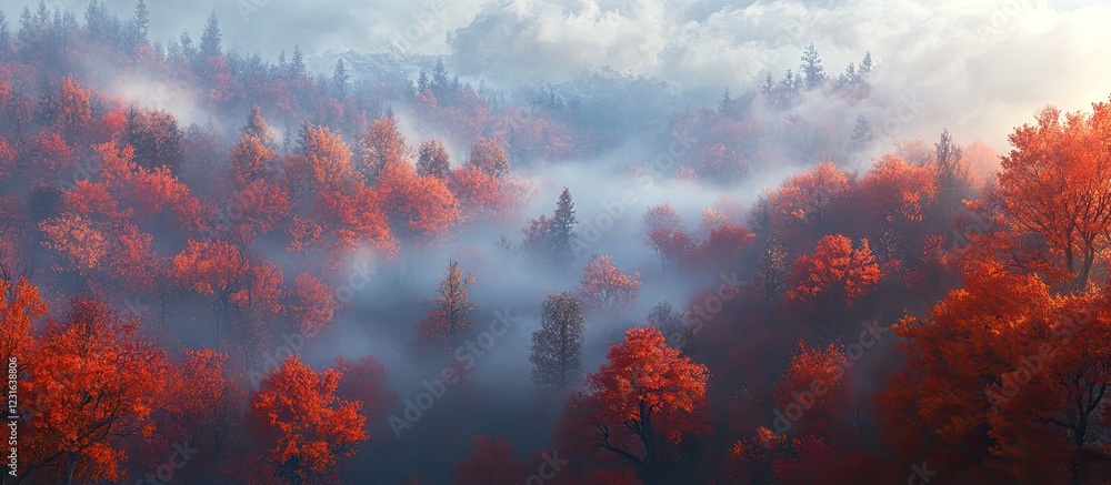 Aufkleber misty dark forest panorama during autumn showcasing vibrant red foliage in lush trees with fog and s