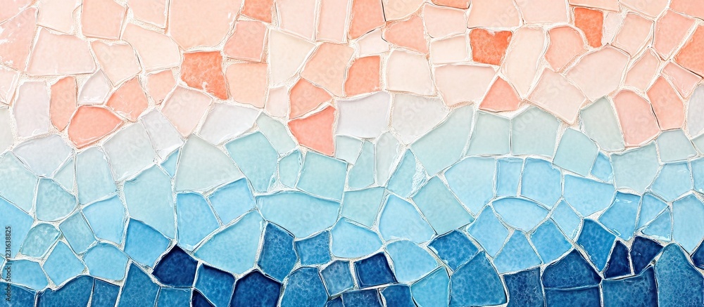 Poster abstract mosaic artwork featuring a gradient of pastel colors transitioning from soft peach to light