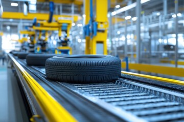 Fototapeta premium Futuristic Assembly Line Featuring Robotic Arms Assembling Tyres on a Conveyor Belt in a Modern Factory with Bright Focused Lighting