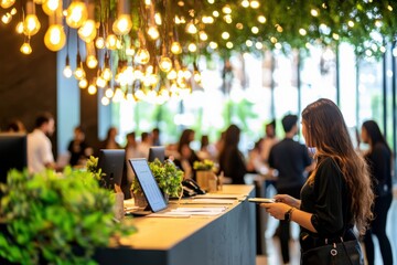 Woman Interacting with a Digital Device at a Stylish Reception Area with Ambient Lighting