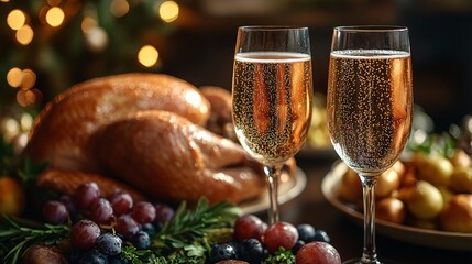 Festive dinner celebration with turkey and champagne cozy home setting food photography warm atmosphere
