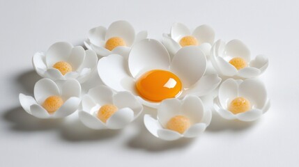 Egg yolk in white flower-shaped molds.