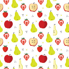 Seamless pattern of fruits including pears, apples, strawberries with seeds and flowers.
