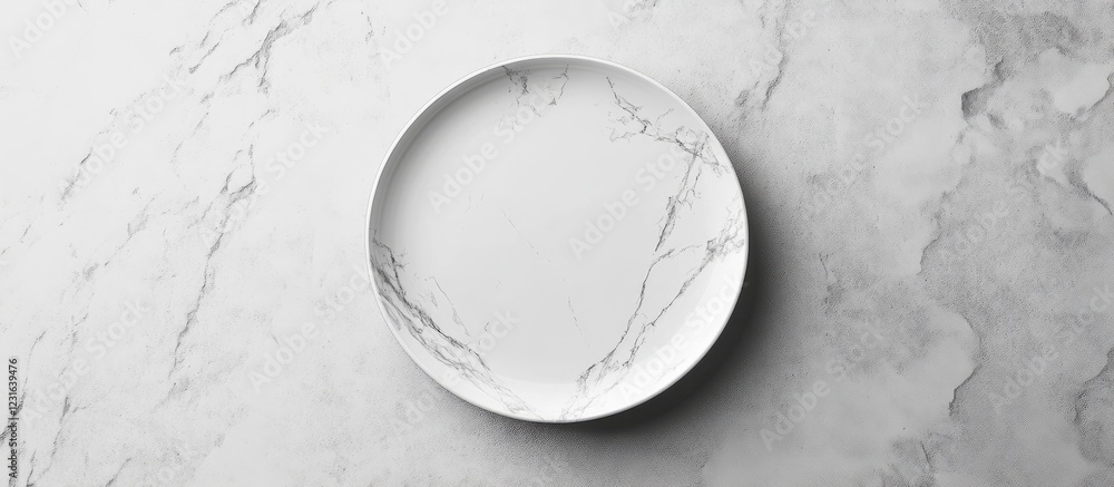 Poster elegant round plate mockup on a white marbled stone background showcasing minimalistic design with s