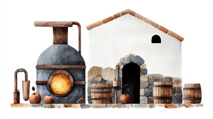 Naklejka premium A rustic distillery featuring a traditional still, stone house, wooden barrels, and quaint details for a charming vintage vibe.