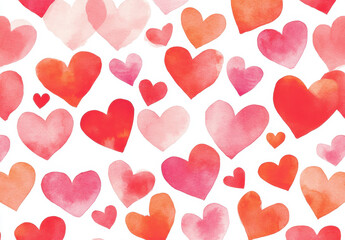 Colorful watercolor hearts create vibrant pattern on white background, evoking feelings of love and joy