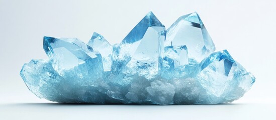 Polished light blue crystal quartz gemstone cluster with sharp facets on a soft white background highlighting clarity and uniqueness for collectors