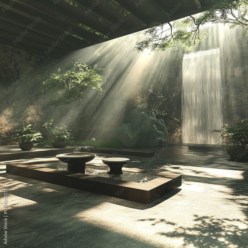 Poster sunlight streams through a lush indoor garden with a waterfall, creating a serene and tranquil atmos