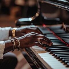 Close-up of hands playing piano.