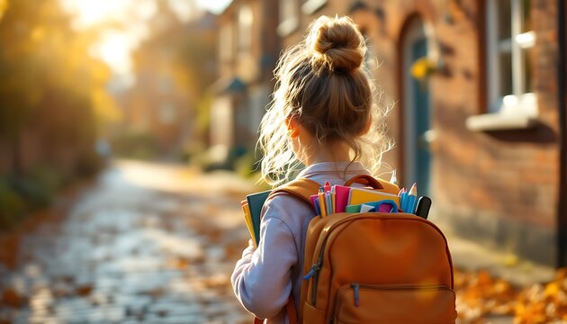 A young girl with a backpack walks towards school on a bright sunny day - Education and dreams - Perfect for back-to-school and educational media - Powered by Adobe