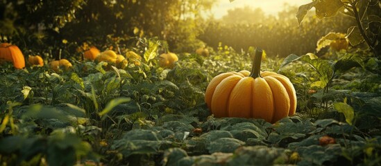 Vibrant orange pumpkin in foreground with lush green leaves surrounding it, set against a warm golden sunset backdrop in a serene farm landscape.