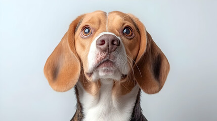 Beagle dog portrait, studio shot, looking up, white background, pet profile
