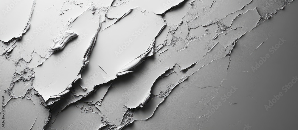 Poster abstract grayscale texture featuring layered, cracked forms on a smooth surface with a gradient back