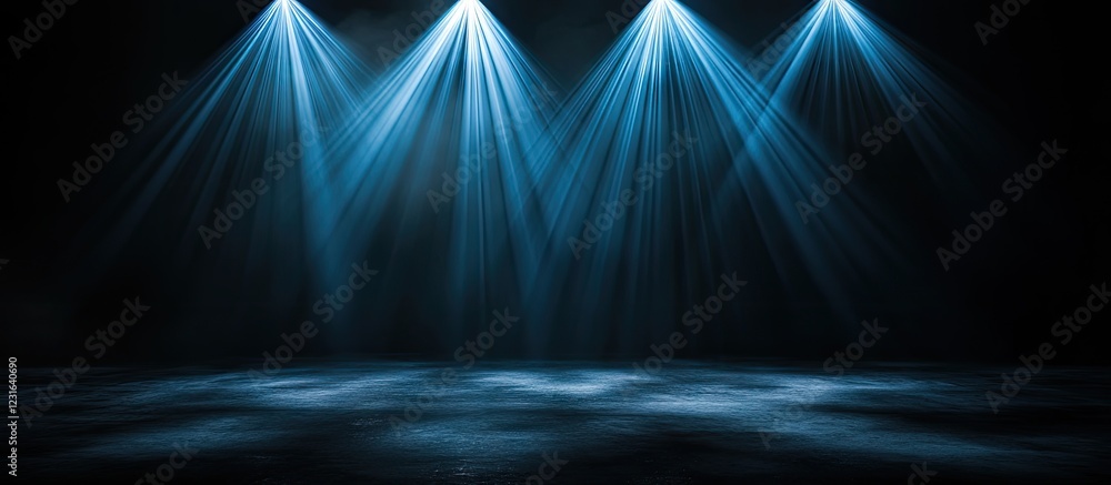 Poster blue light beams radiate from above, illuminating a dark stage creating a striking contrast against 