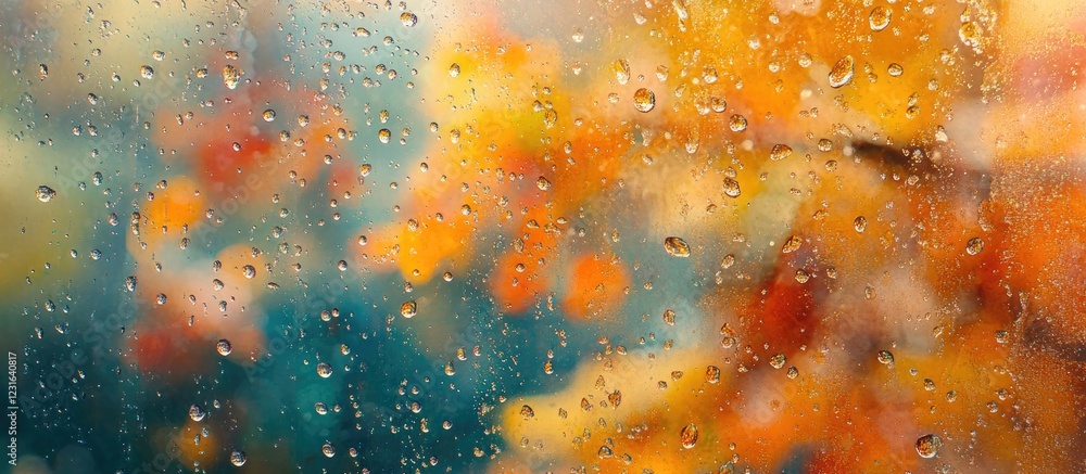 Poster bokeh effect created by raindrops on a window displaying blurred autumn colors in warm hues of orang