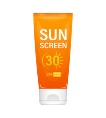 Orange sunscreen tube protecting from sun with SPF 30 on white background