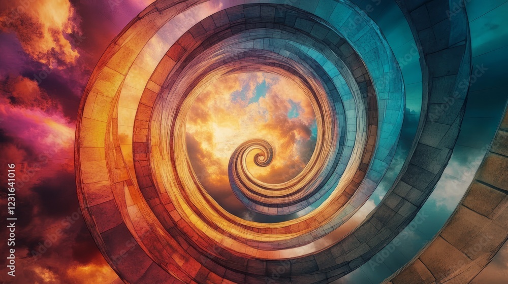 Poster a mesmerizing abstract spiral staircase with vibrant colors and a dramatic sky, creating a surreal a