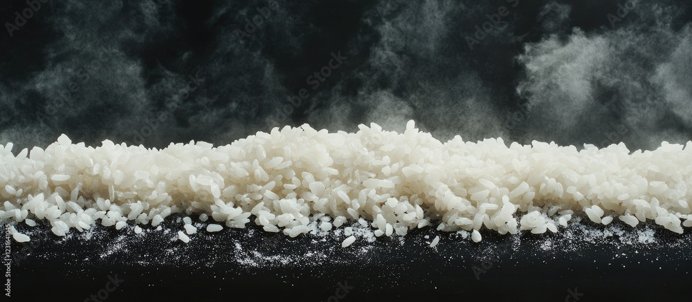 Poster raw white rice texture on a dark background with soft steam rising, creating a contrasting and appea