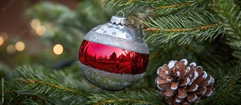 Poster red and silver christmas ornament hanging on a fir tree with snow-dusted pine cones and a warm bokeh