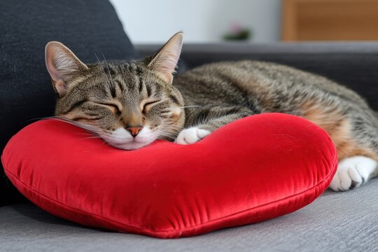A tabby cat sleeping peacefully on a plush red heart-shaped pillow.