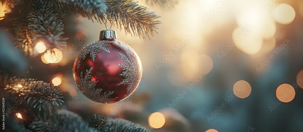 Aufkleber red and silver christmas ornament hanging on a fir tree branch with a warm bokeh background creating