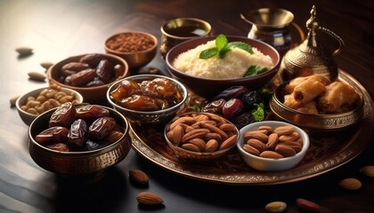Fototapeta premium Sumptuous Spread Of Traditional Arabic Food Served During Ramadan Featuring Dates and Almonds