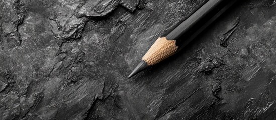 Refined graphite pencil positioned on a textured dark grey background highlighting its sharp tip and artistic potential for detailed chalk-like effects.
