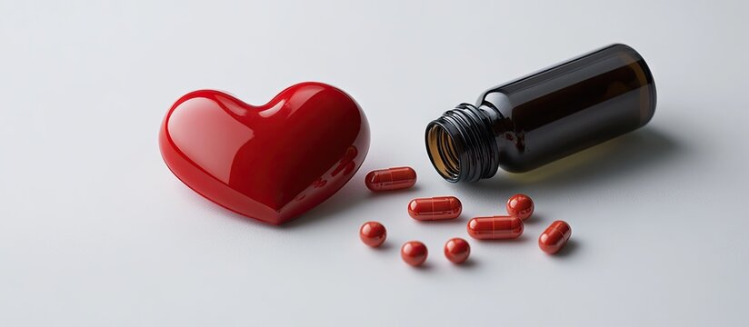 Red glossy heart beside a dark pill bottle with red capsules spilled on a white background symbolizing love and health concepts unity