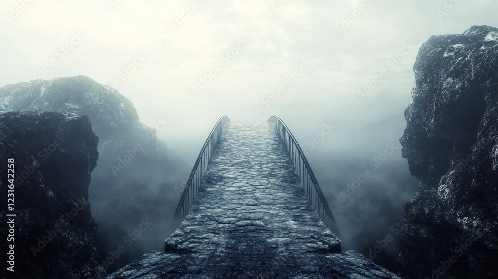 Poster a bridge is shown in the distance between two mountains. the bridge is made of stone and is covered 