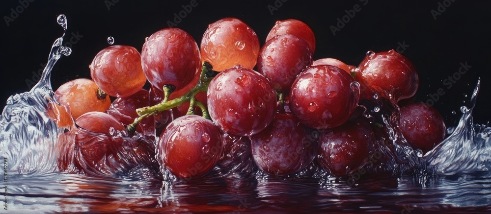 Poster ripe red grapes bursting with water droplets create a dynamic splash with a dark background highligh