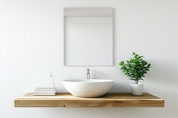 Fototapeta premium Minimalistic bathroom interior with sink on wooden shelf and square mirror hanging on a white wall