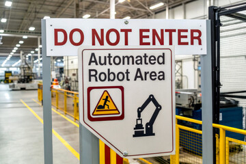 A warning sign indicating a restricted area for automated robots in a factory setting.