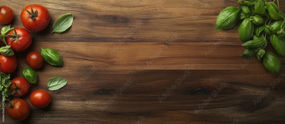 Poster vibrant ripe tomatoes and fresh basil leaves arranged on a rustic wooden cutting board from a top vi