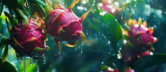 Vibrant ripe dragon fruits with pink skin and green spines glisten with water droplets, surrounded by lush green leaves in a tropical setting.