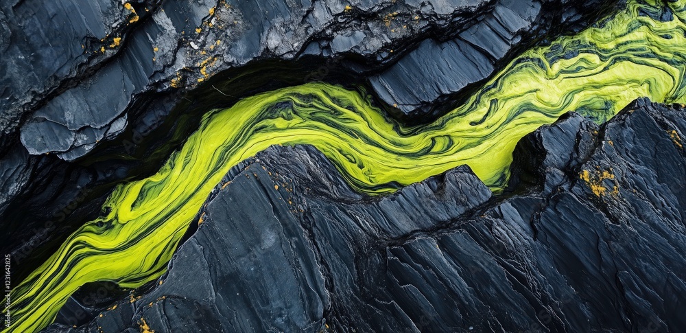 Poster lime green algae stream on dark rocks: a vibrant stream of lime green algae flows through dark, text