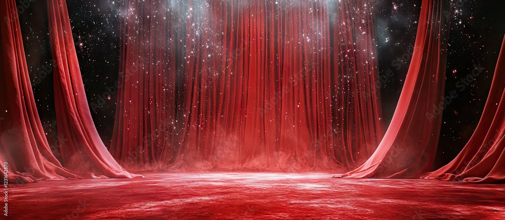Poster stage with flowing red curtains and a misty floor, illuminated by soft light, creating a dramatic an