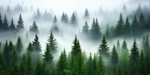 Fototapeta premium Misty Pine Forest with Foggy Atmosphere