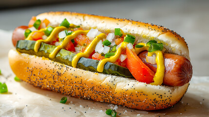 Styled Hot Dog with Mustard and Veggies on Light Background