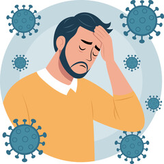 Illustration of a sick man. His facial expression shows discomfort. Around him are floating virus particles, which indicates illness or infection.