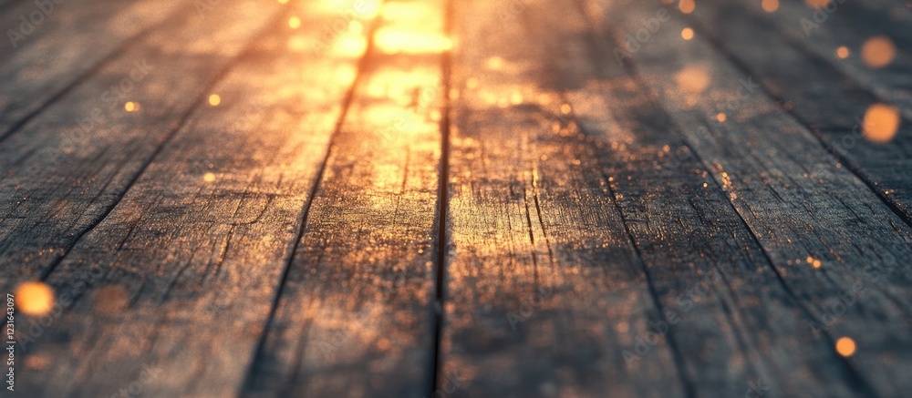 Poster rustic wooden plank surface illuminated by golden hour light with warm hues and soft bokeh enhancing