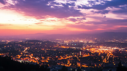 Fototapeta premium Timelapse effect of city lights turning on as the sun sets, energy demand