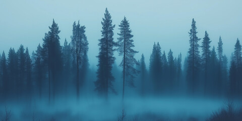 Fototapeta premium Misty Pine Forest with Foggy Atmosphere