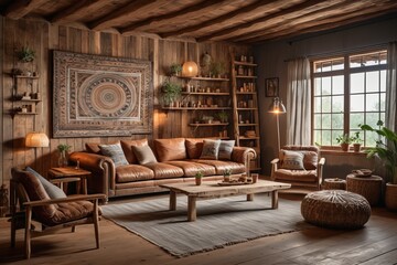Fototapeta premium Modern living room with wooden floor and stylish rustic furniture in a cozy home