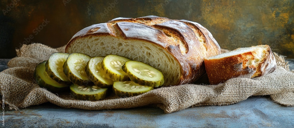 Poster rustic loaf of bread sliced with bright green pickles arranged on textured burlap in earthy tones wi
