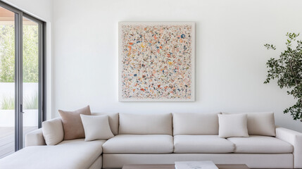 Minimalist Living Room Decor: A modern sectional sofa with plush cushions sits in a light and airy living room, adorned with a vibrant abstract canvas and a lush house plant.